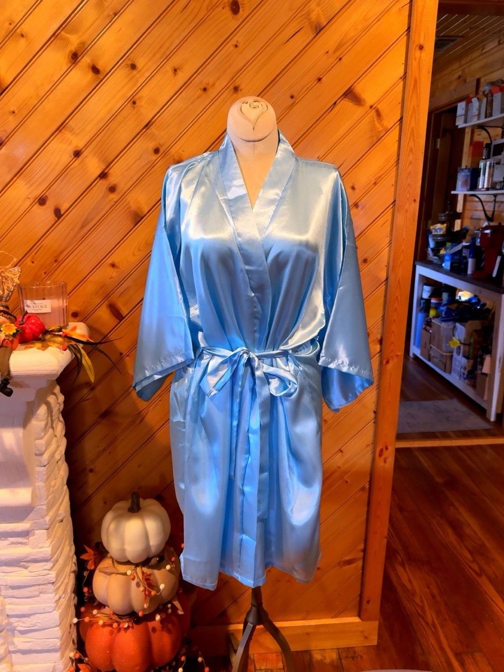 Bridal Satin Robe with Rhinestone Back - Light Blue - Picture 2 of 9